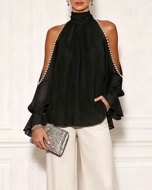 Turtleneck Off-Shoulder Ruffle Blouse