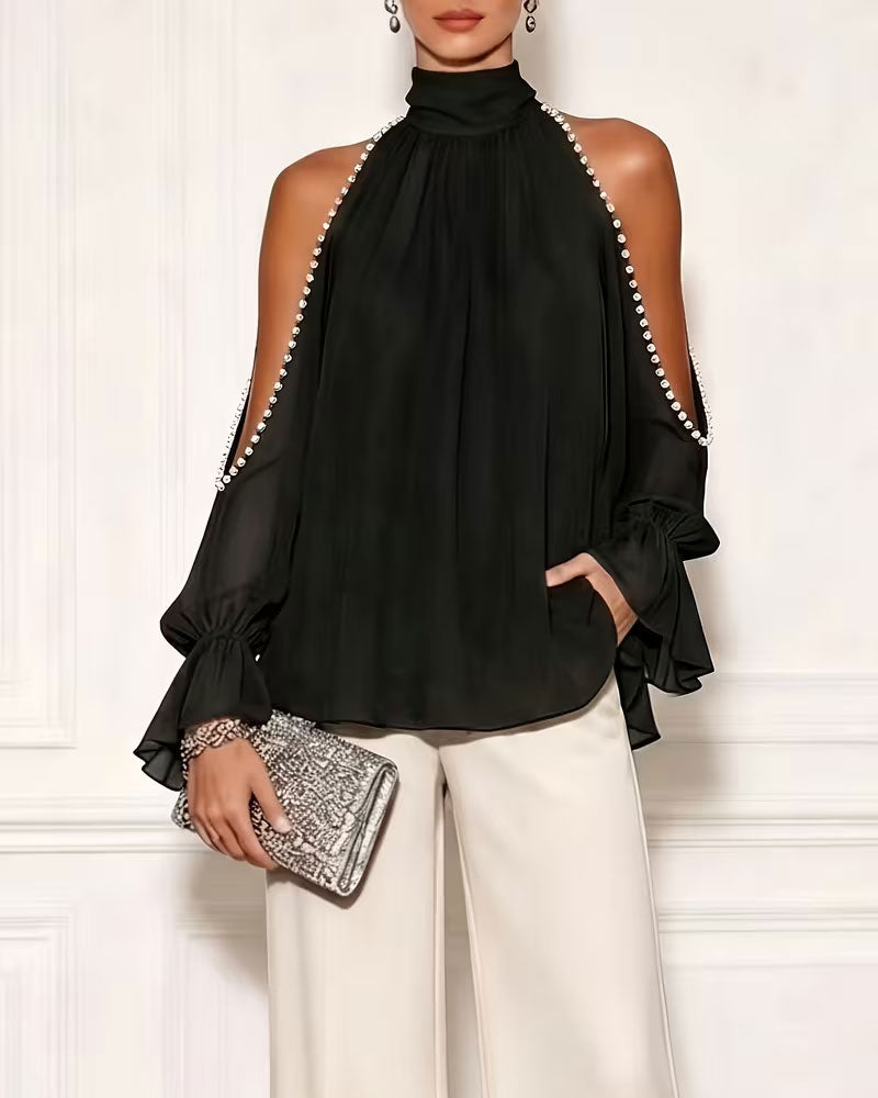 Turtleneck Off-Shoulder Ruffle Blouse