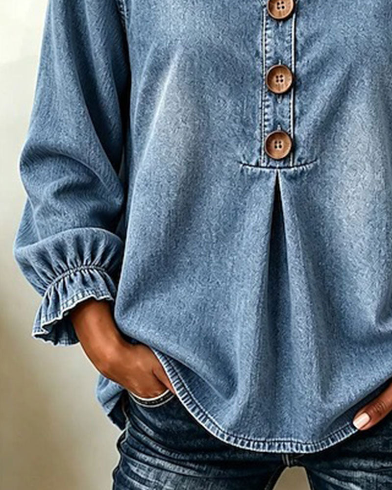 Denim V-Neck Button Ruffle Sleeve Top