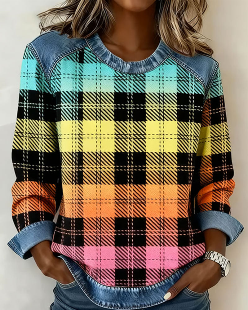 Round Neck Colorful Plaid Sweatshirt