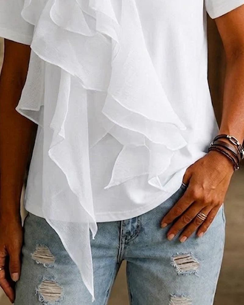 Crew Neck Ruffle Irregular T-Shirt
