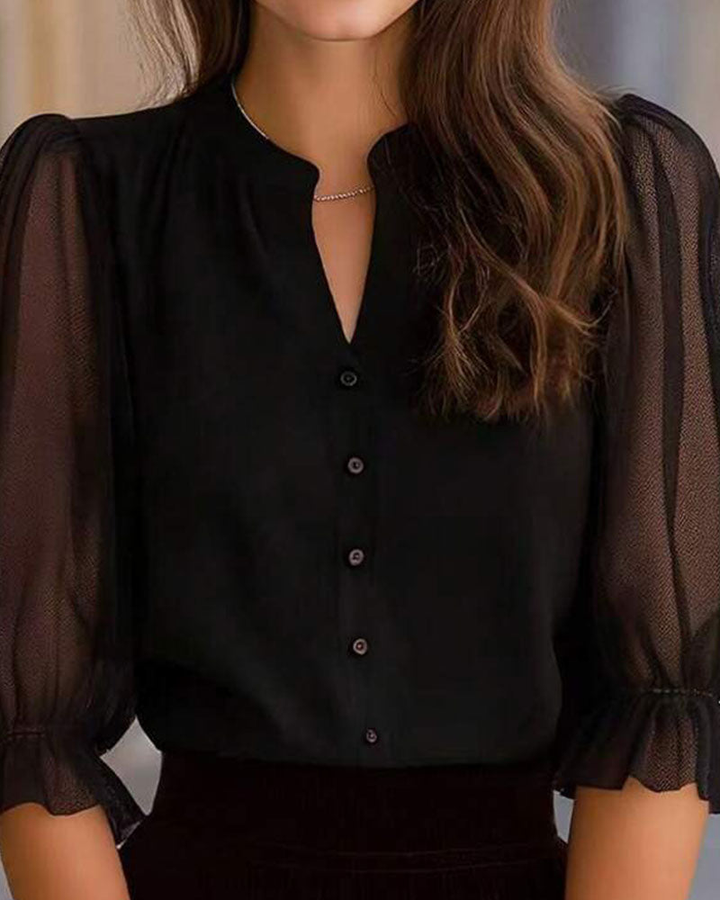 V-Neck Button Solid Blouse
