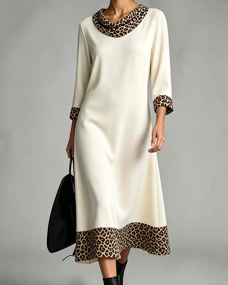 Slouchy Mock Neck Leopard Elbow-Length Sleeve Dress