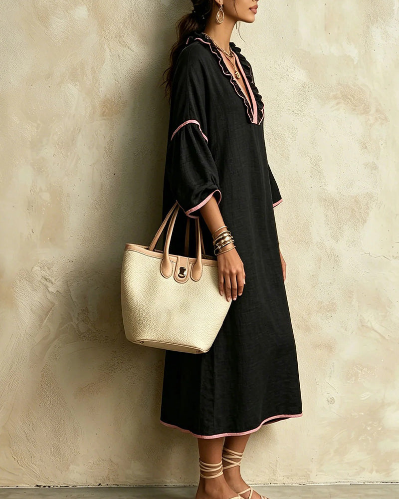 V-Neck Ruffle Color-Block Irregular Dress