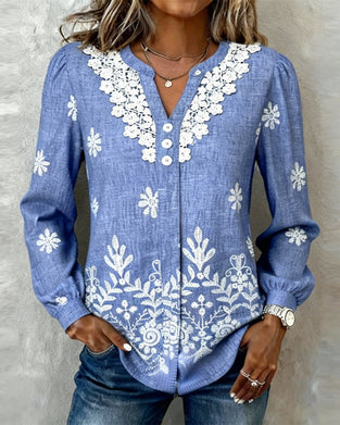 Puff Sleeve Embroidered Lace Trim Shirt