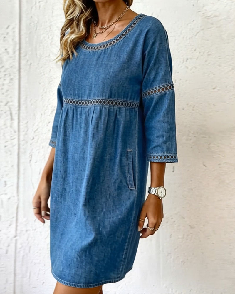 Hollow-Out Short-Sleeved Denim Dress