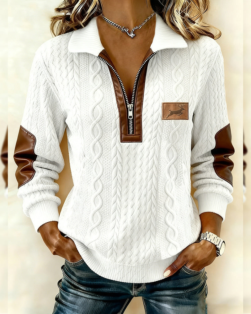 Long-Sleeved Zip-Up Color-Blocked Sweatshirt