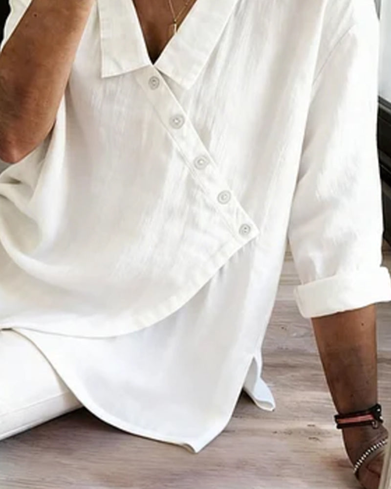 Asymmetrical Diagonal-Placket Collared Blouse
