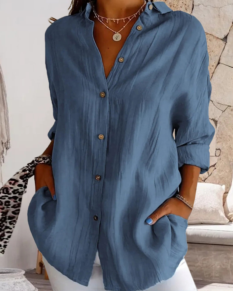 Casual solid color V-neck buttoned long-sleeve shirt