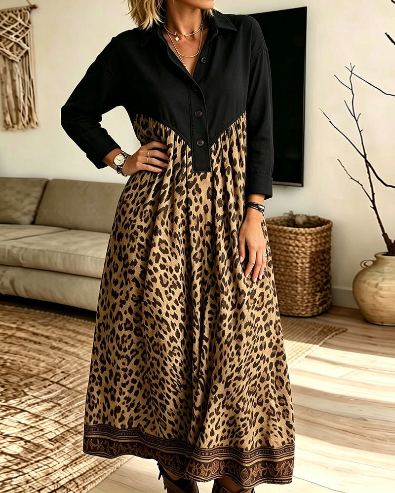 Shirt-Collar Button-Down Leopard Print Pocket Dress