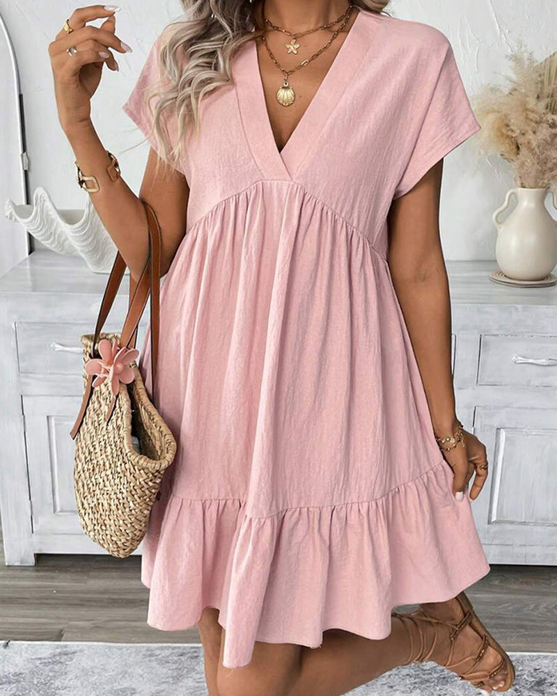 Solid V-Neck Ruffle-Trim Dress
