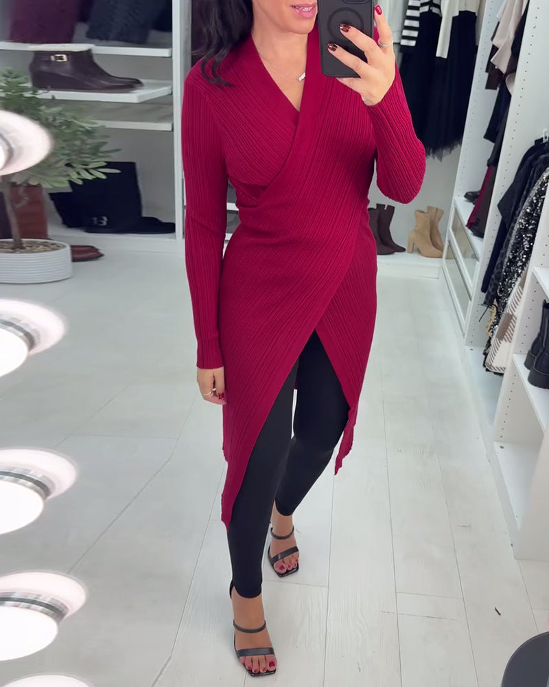 V-Neck Crossover Long-Sleeved Pullover