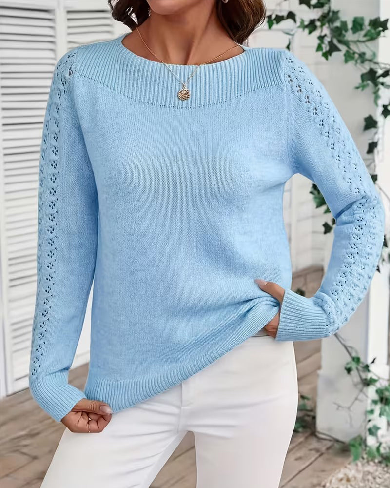 Boat Neck Hollow Out Long Sleeve Knit Pullover