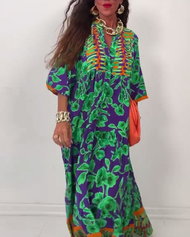 V-neck printed casual long dress