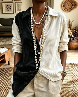 Turn-Down Collar V-Neck Button Color Block Shirt