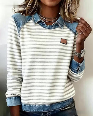 Denim-Color-Block Striped Sweatshirt