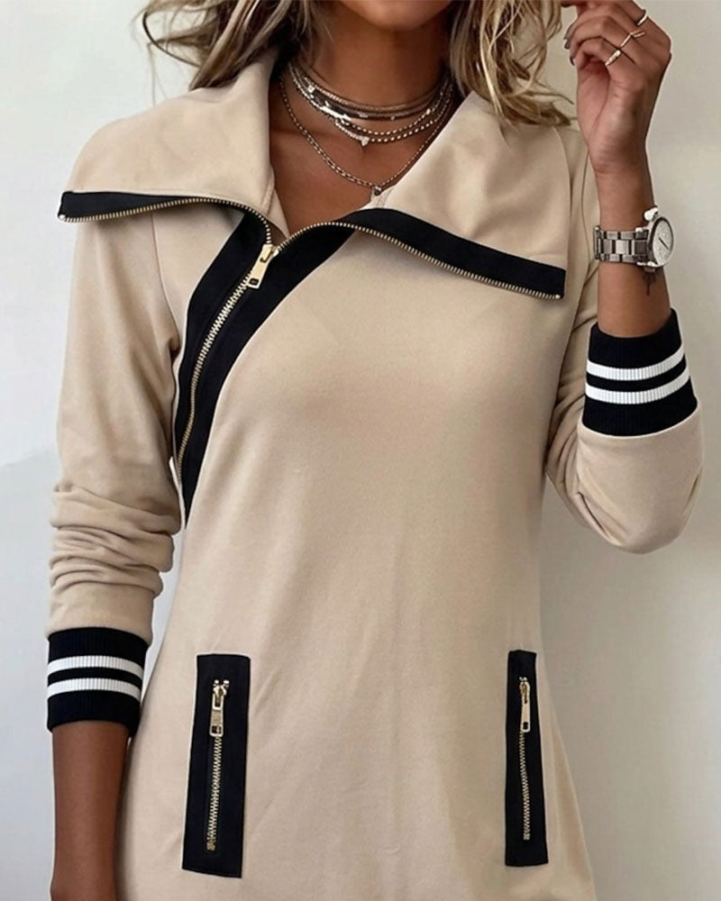 Slanted Zipper Lapel Straight Dress