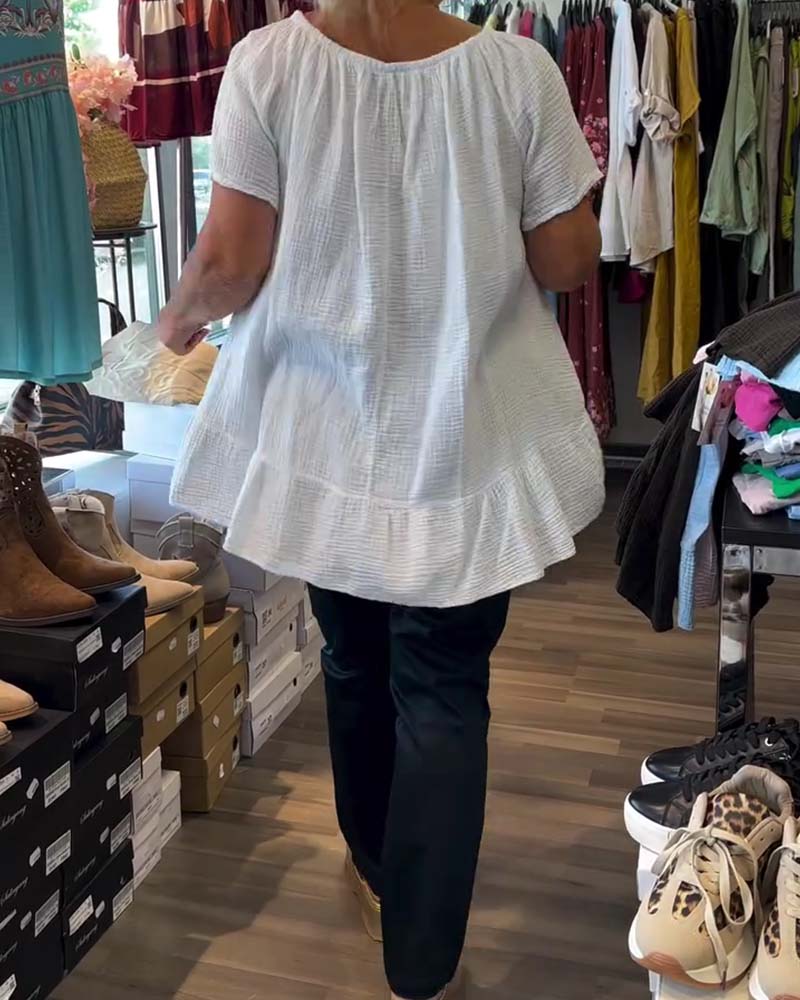 Crew Neck Smocked Relaxed Solid Blouse
