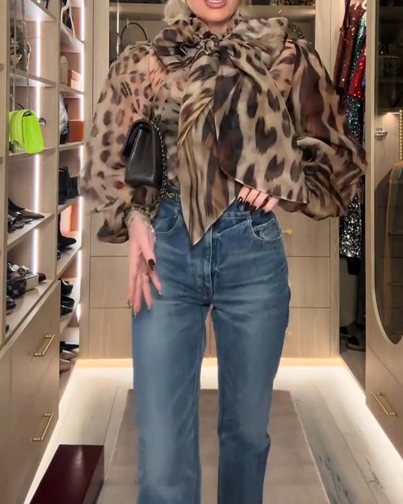 Leopard Print Fashion Ribbon Blouse