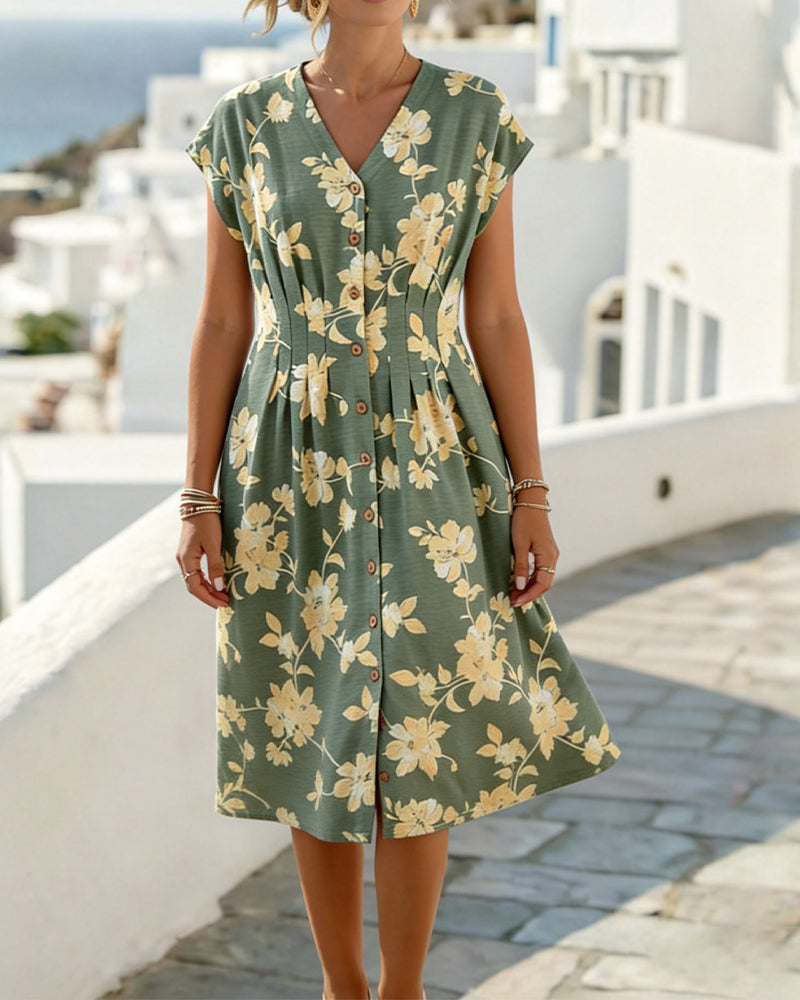 V-Neck Print Cinched Waist Button-Front Dress