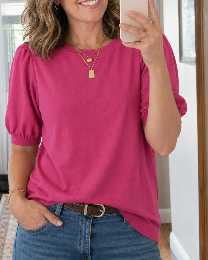 Puff Sleeve Knitted Short-Sleeve Pullover