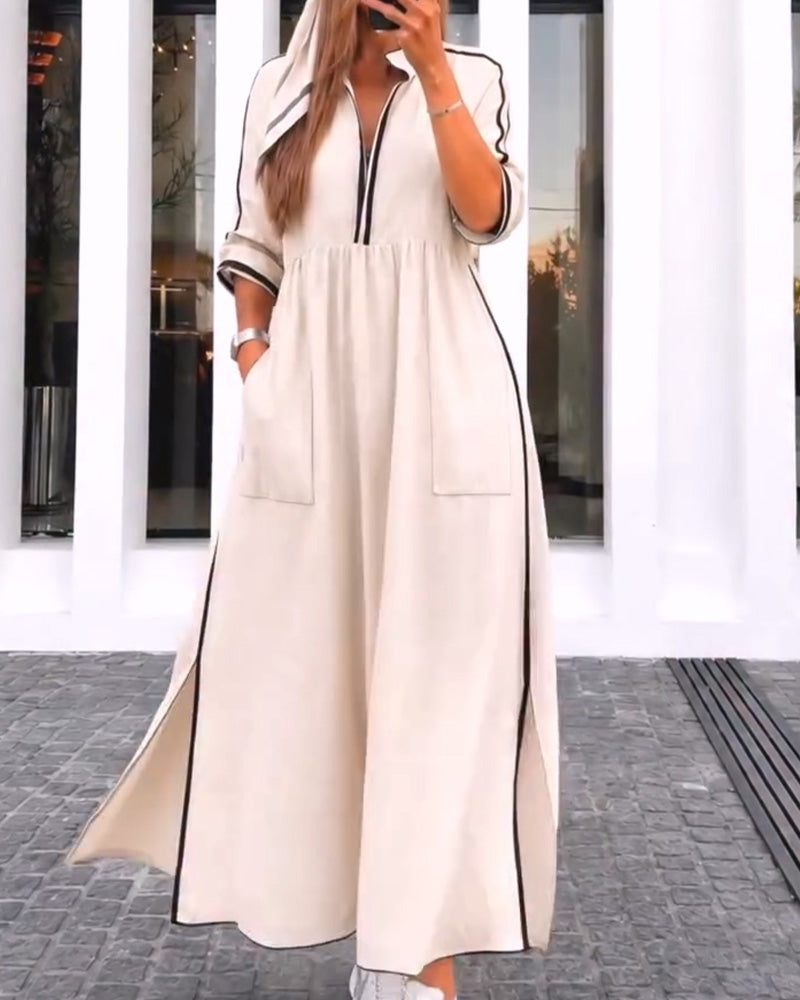 Lapel Pocket Slit Dress