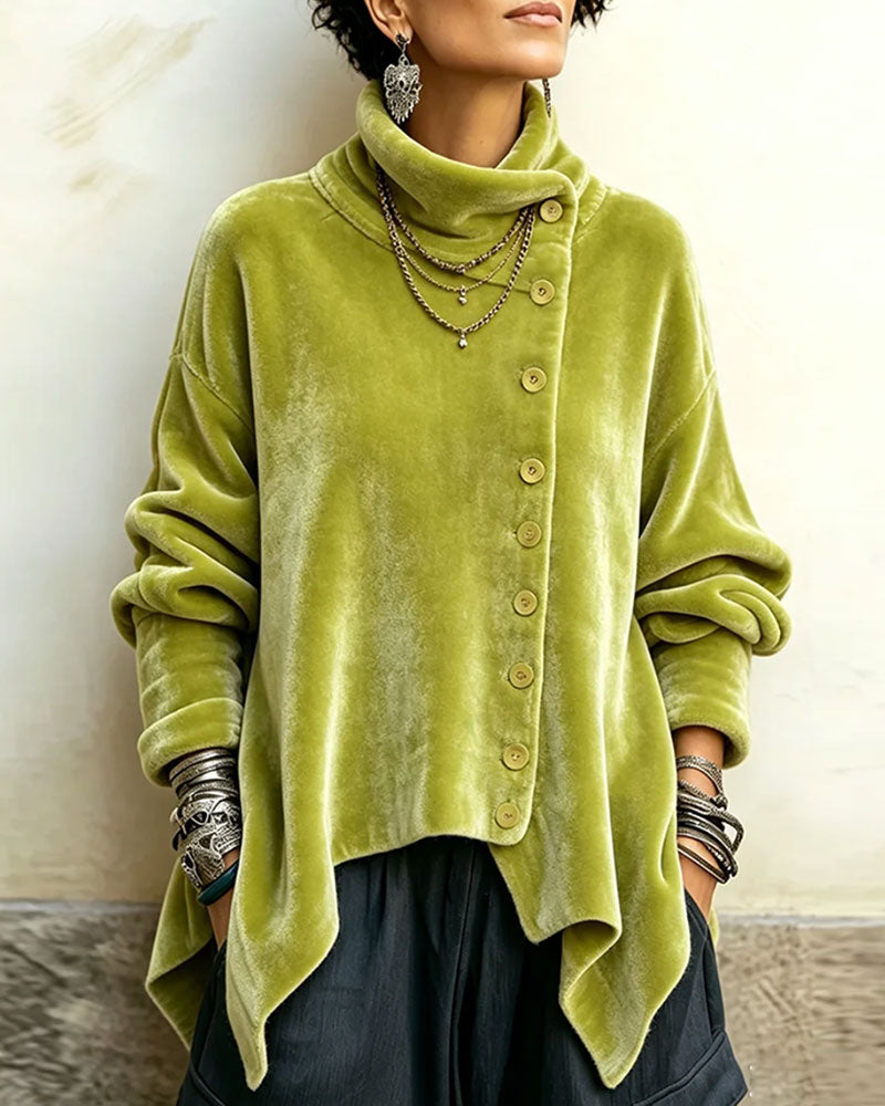 Stand Collar Diagonal Button Irregular Top