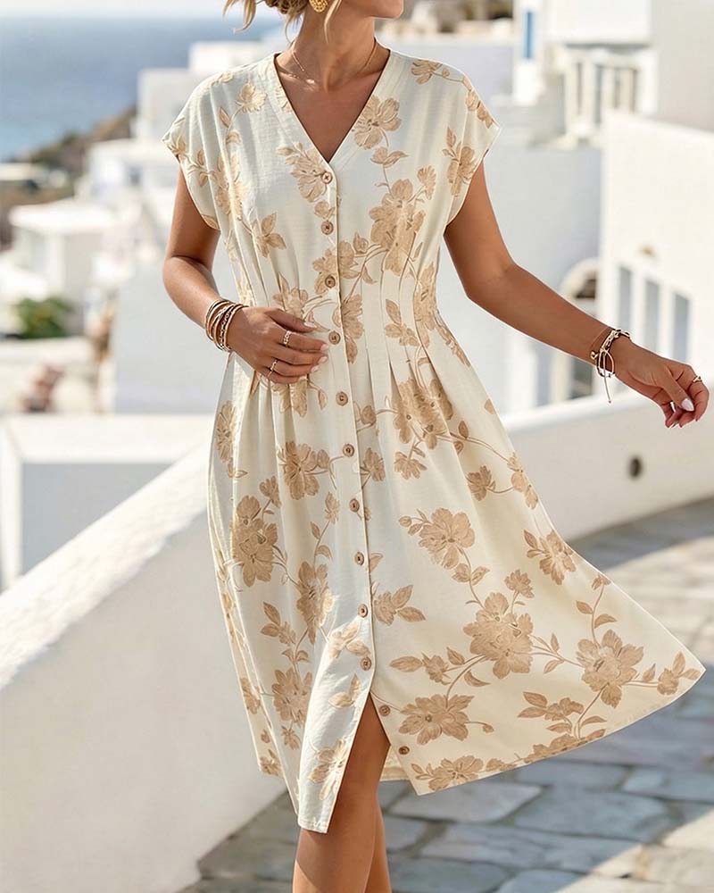 V-Neck Print Cinched Waist Button-Front Dress
