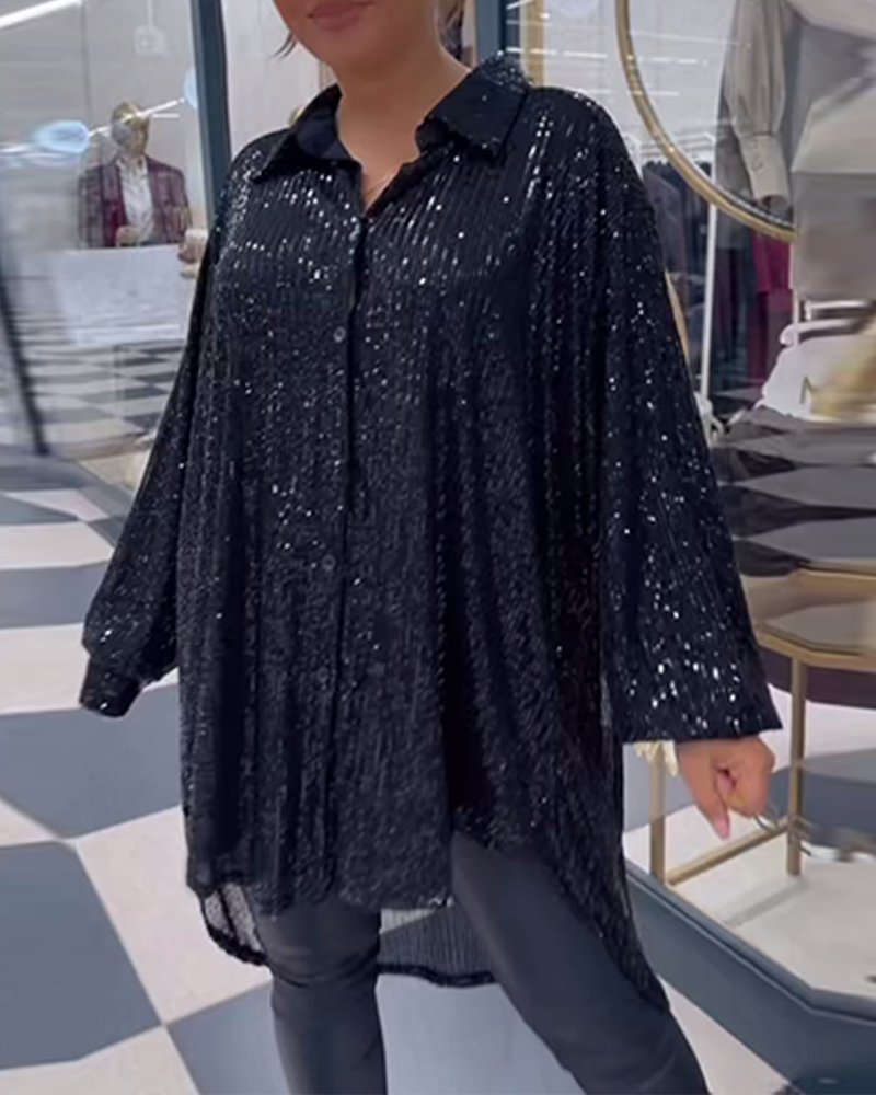 Sequined lapel slit casual shirt