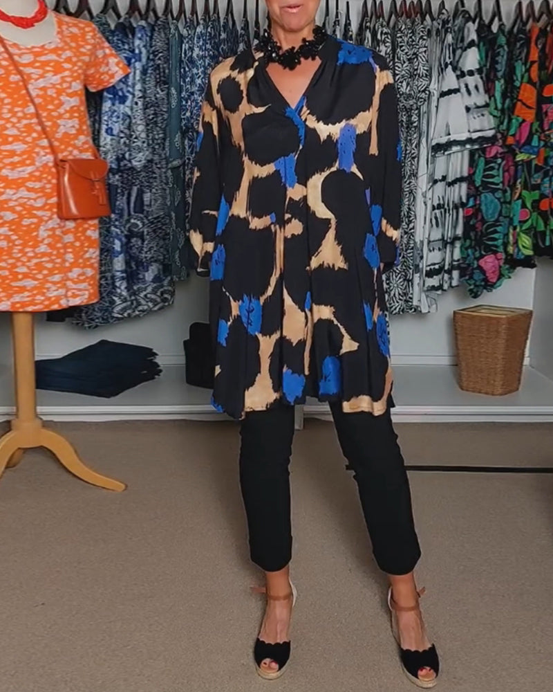 Contrast color print V-neck casual long-sleeve blouse