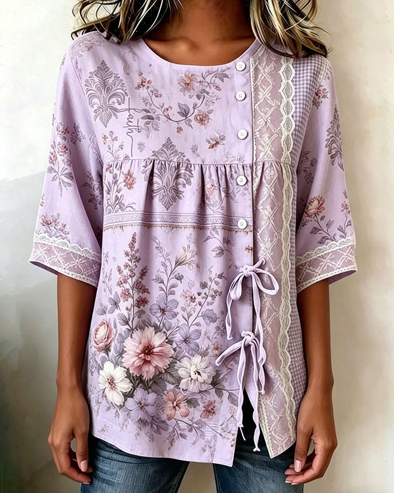 Retro Floral Print Casual Blouse