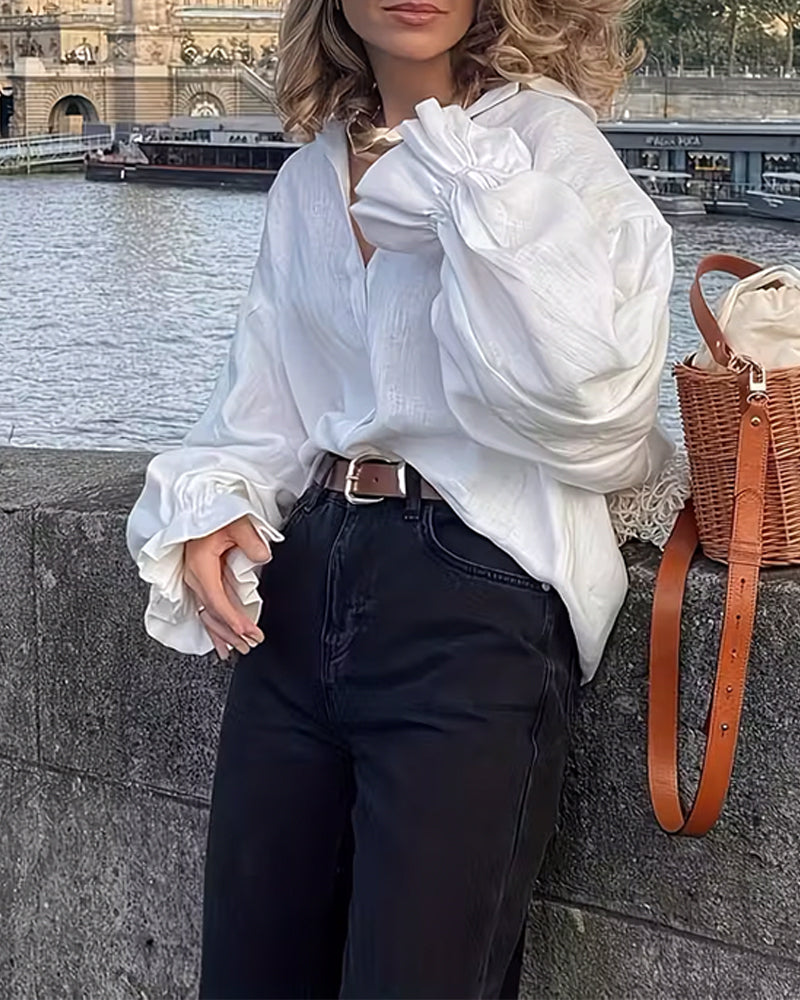 Loose-Fitting Ruffled Shoulder Sleeve Shirt