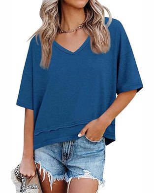 Solid V-Neck Patchwork Hem Blouses