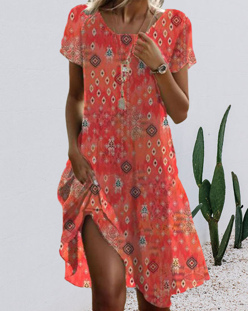 Printed crew neck short sleeve dress