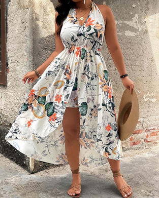 V-Neck Halter Sleeveless Dress + Shorts Set