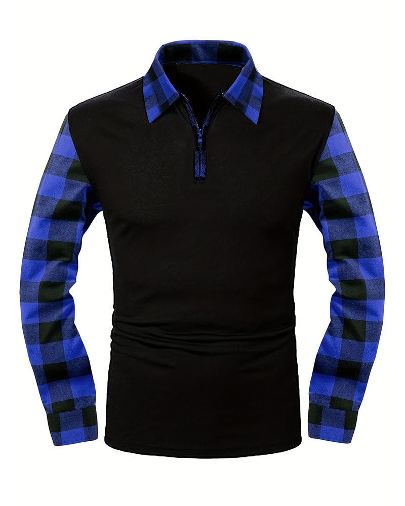 Half-Zip Plaid Spliced Top