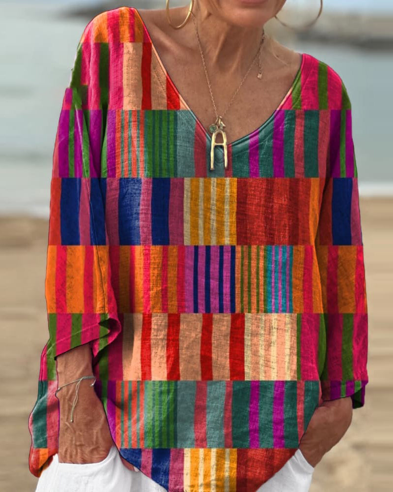 V-neck striped casual blouse