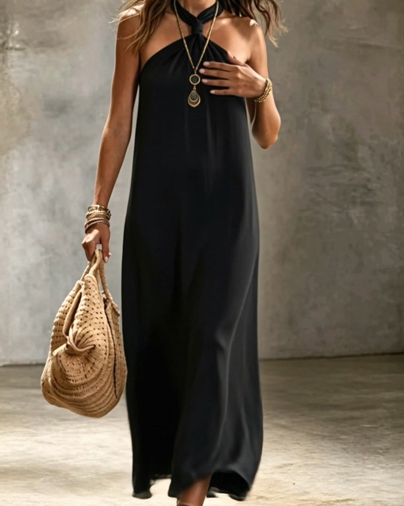 Solid Color Halterneck Sleeveless Dress