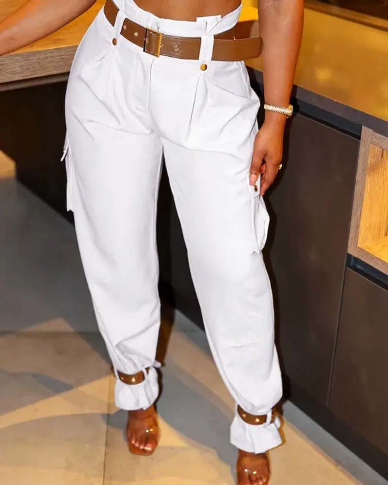 Solid color pocket casual cargo pants