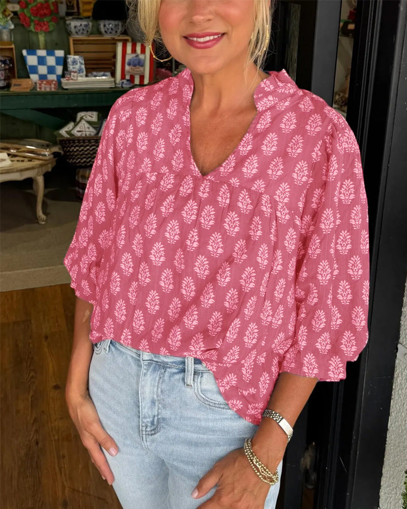 Three-Quarter Sleeve Printed Casual Blouse