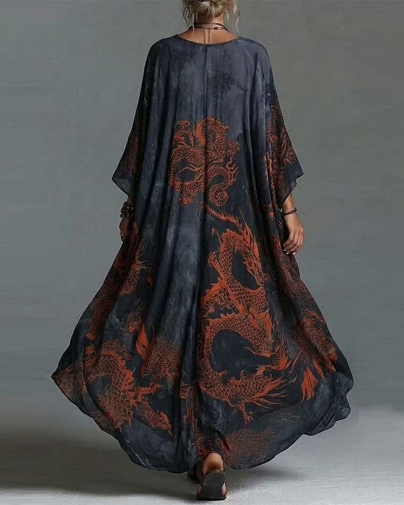 Red Dragon Pattern Bat Sleeve Deep V Dress