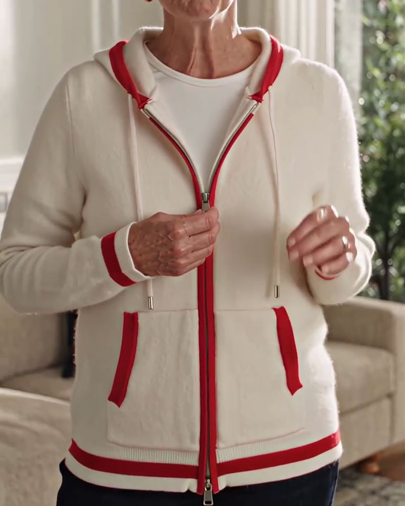 Hooded Full-Zip Contrast Sweater Cardigan