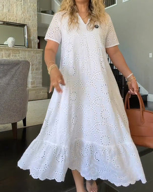 V Neck Hollow Out Ruffle Trim Solid Color Dress