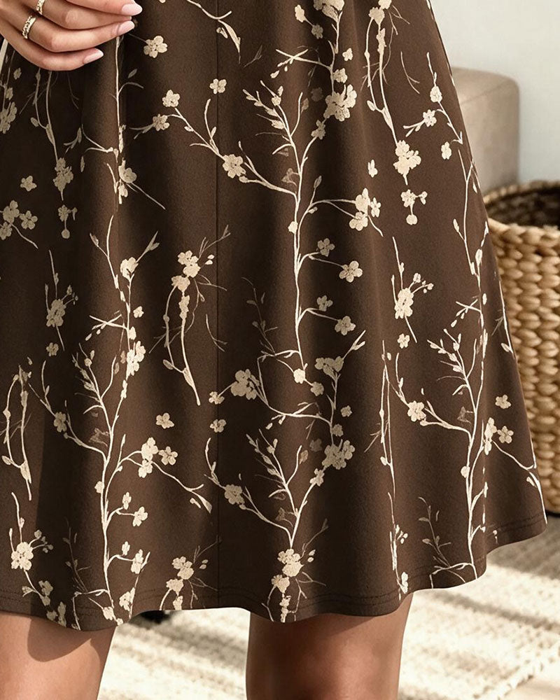 V-Neck Ruched Print A-Line Dress