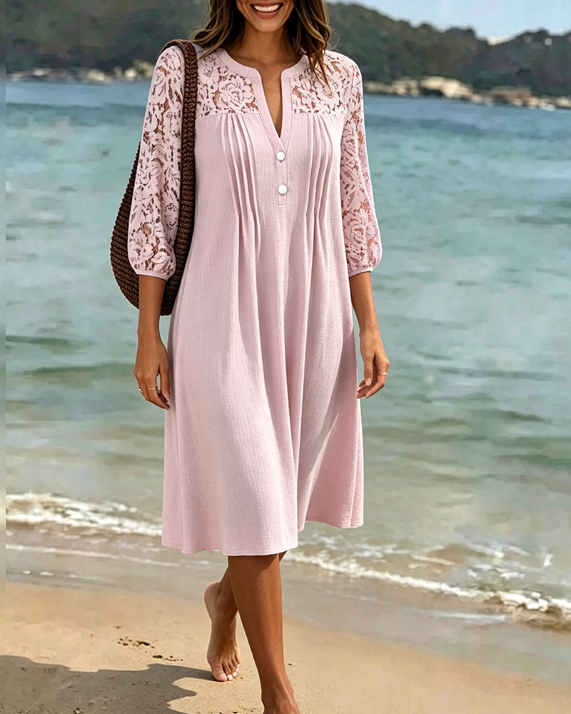 V-Neck Hollow Out Ruched Lace Dress