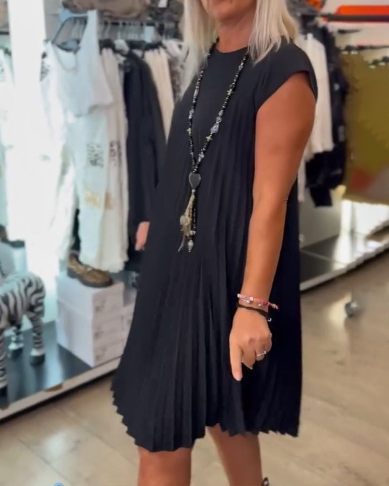 Aumora Round neck solid color pleated casual dress