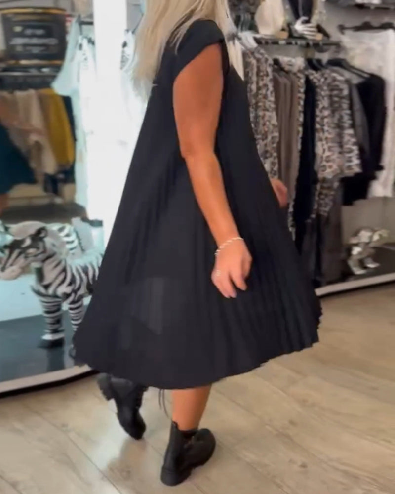 Aumora Round neck solid color pleated casual dress