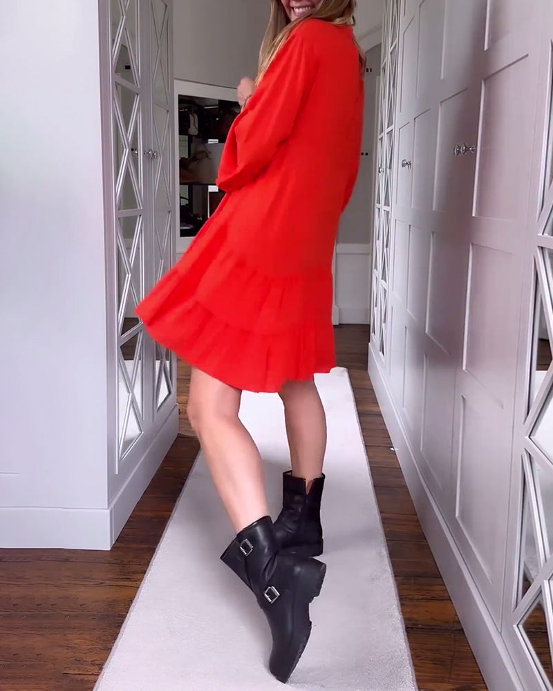 Solid color V-neck flared long-sleeve patchwork dress