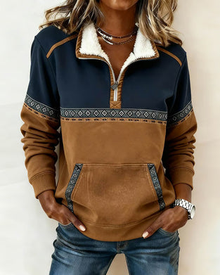 Retro Color-Blocked Fur Collar Sweatshirt