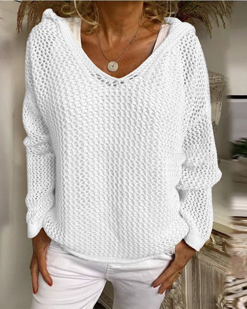 Dames Crochet Hollow Out Hooded Long Sleeve Tops